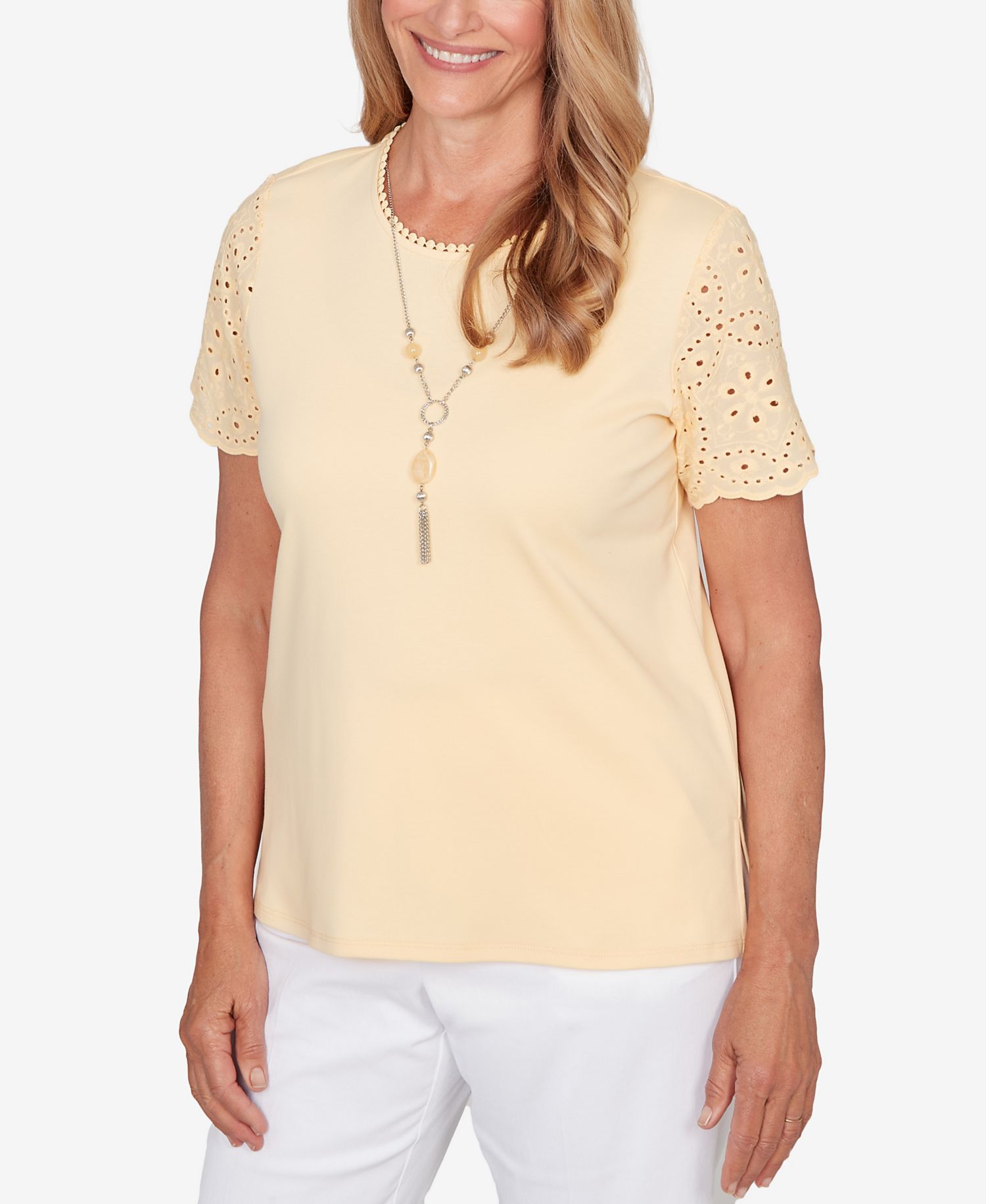 Women's Classic Solid Eyelet Sleeve T-Shirt with Necklace