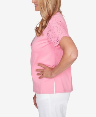 Women's Classic Solid Eyelet Sleeve T-Shirt with Necklace