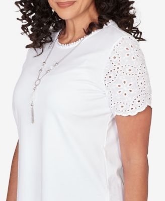 Women's Classic Solid Eyelet Sleeve T-Shirt with Necklace