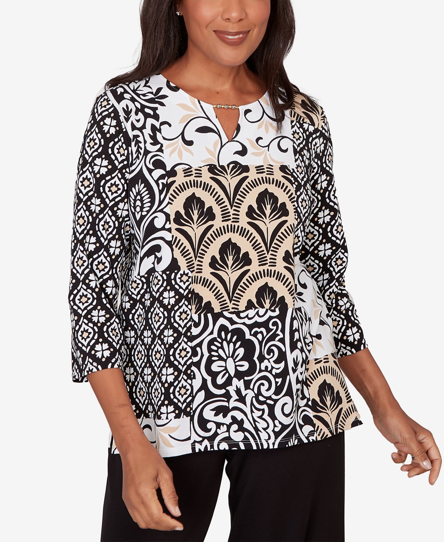 Women's Classic Geometric Scroll Patchwork Split Neck Top