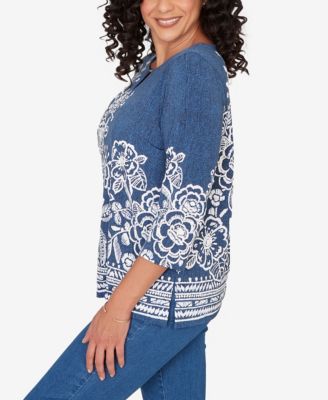 Women's Classic Floral Border Embroidered Split Neck Top