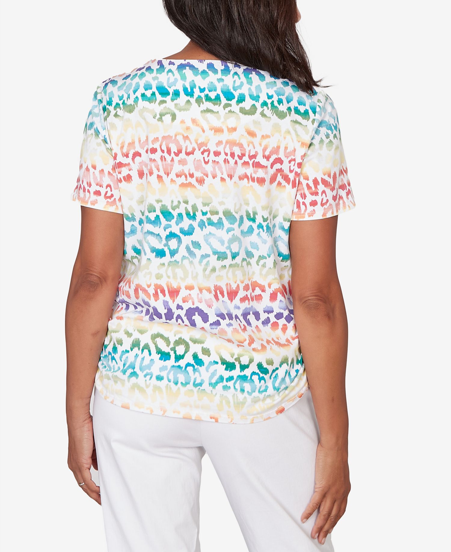 Women's Rainbow Animal Print Beaded Neck Ruched T-Shirt