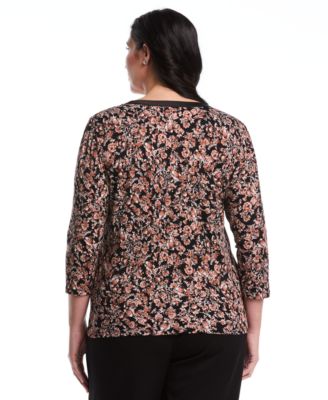 Plus Size Plus Size Floral Print 3/4 Puff Sleeve V-Neck Top