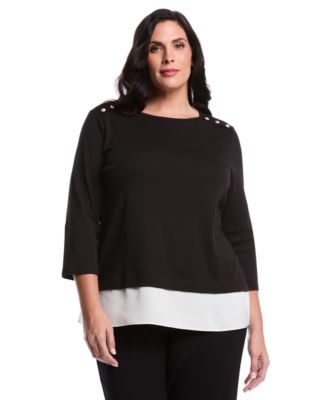 Plus Size Plus Size Rivet Detail Mixed Media Layered 3/4 Sleeve Top