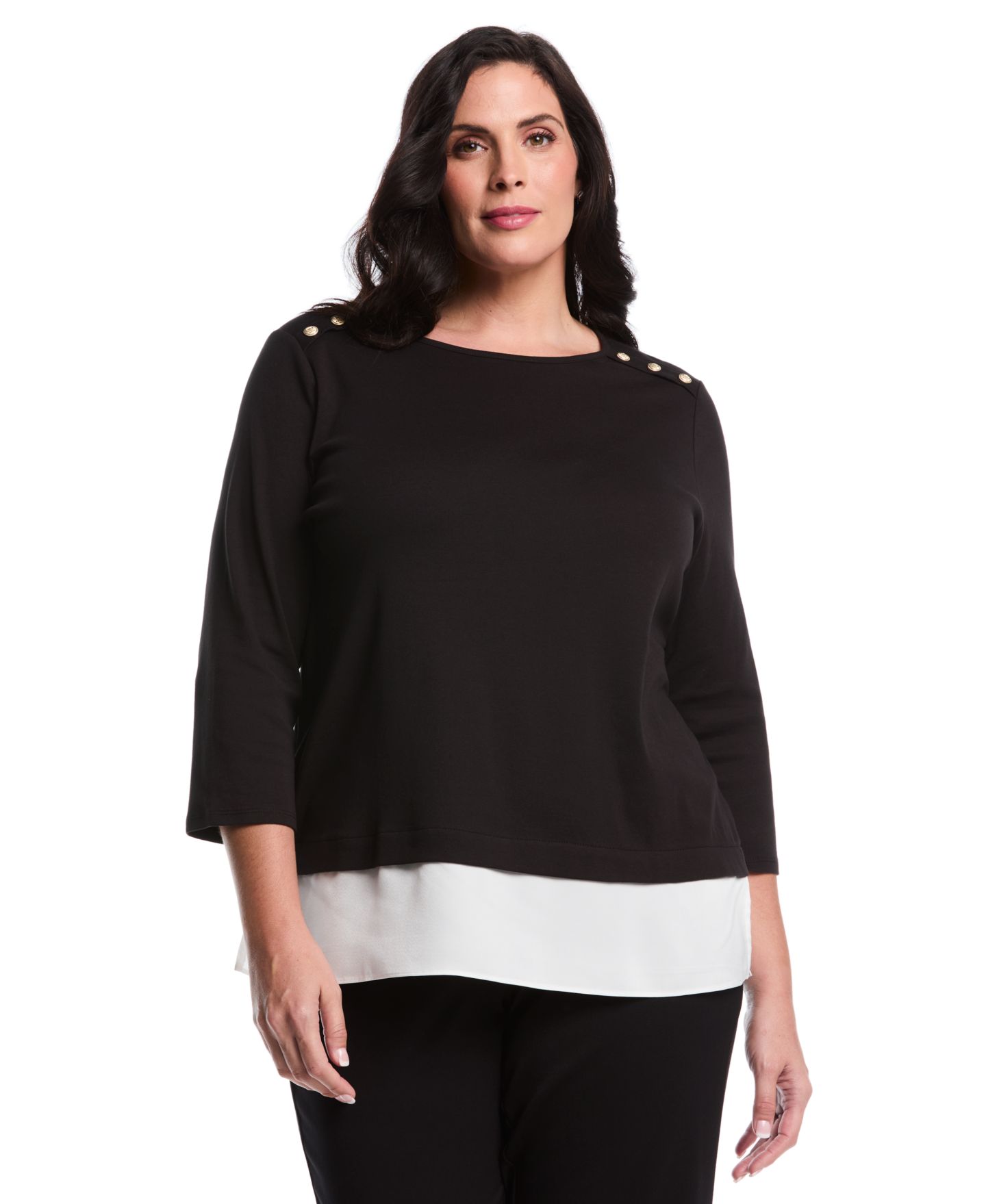 Женский топ Rafaella Plus Size Plus Size Rivet Detail Mixed Media Layered 3/4 Sleeve, цвет: Чёрный — фото 1