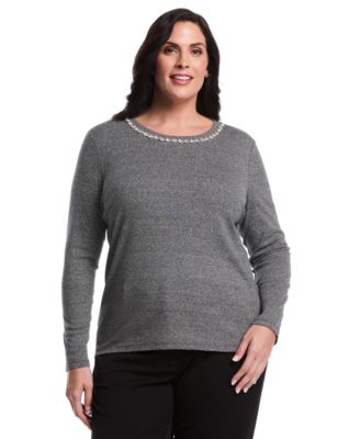 Plus Size Plus Size Embellished Neck Long Sleeve Top