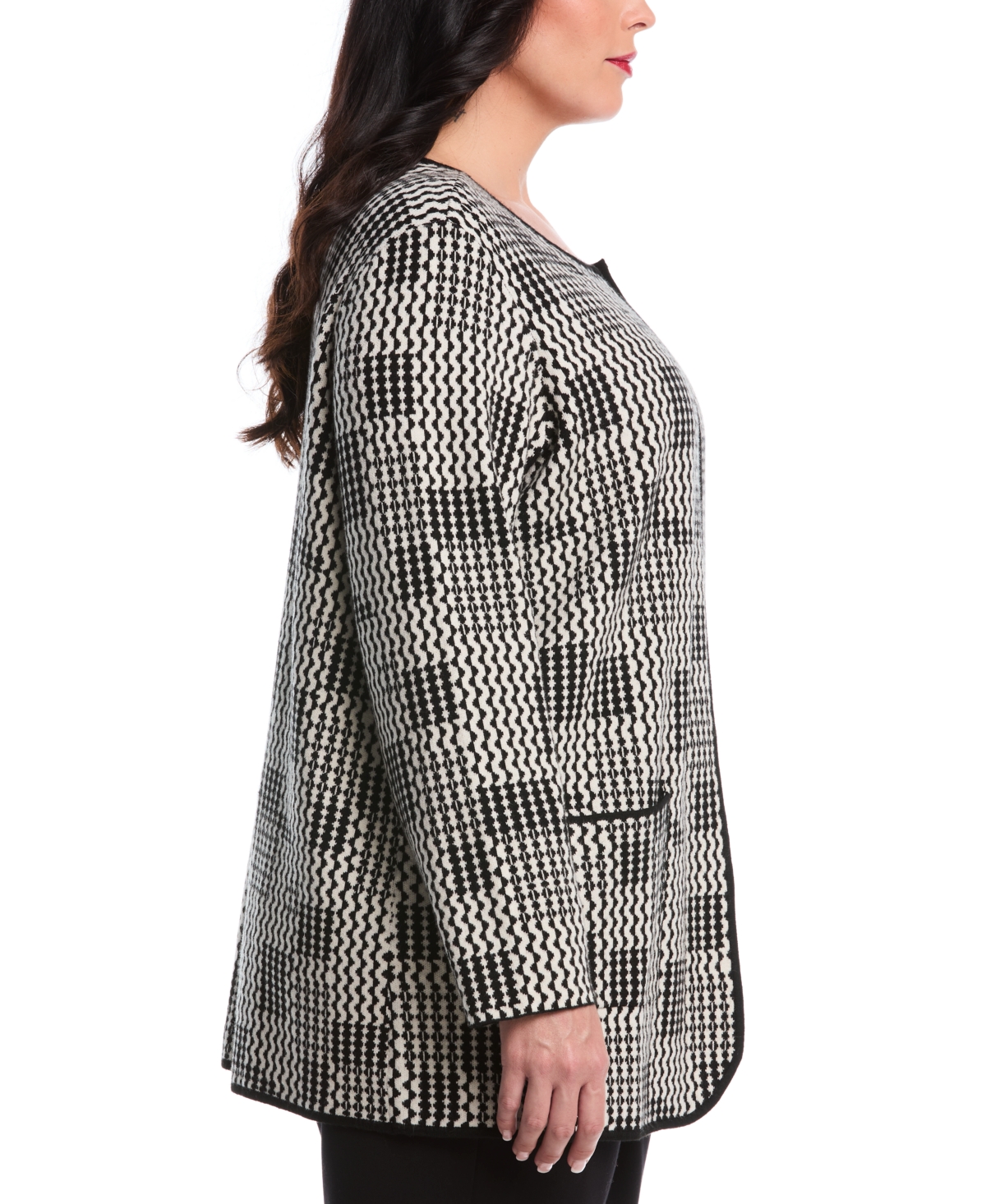 Rafaella Plus Geo Patch Pocket Open Long Sleeve Cardigan