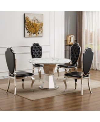 47" Round Marble Dining Table, High Gloss Faux Marble Top, Stainless Steel Base (White