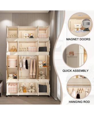 Portable Wardrobe Closet Organizer, 17 Cubes & Rod, Hangers, White