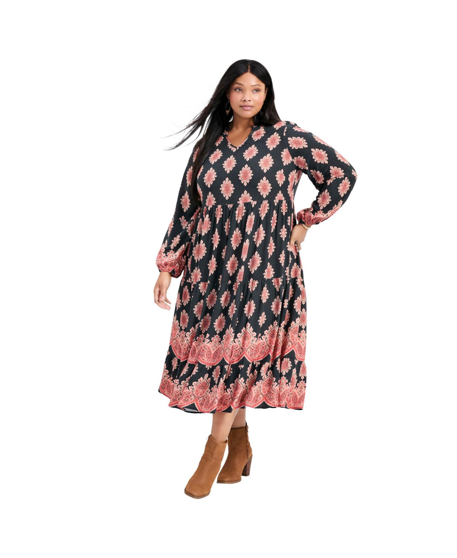 Women's Plus Size Everlasting Bordered Print Blouson Sleeve Dress
