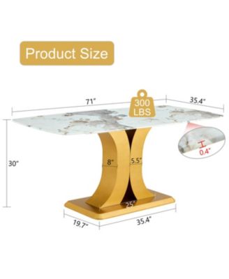 A modern minimalist dining table. Imitation marbled glass tabletop. Gold MDF table legs for kitchen and living room