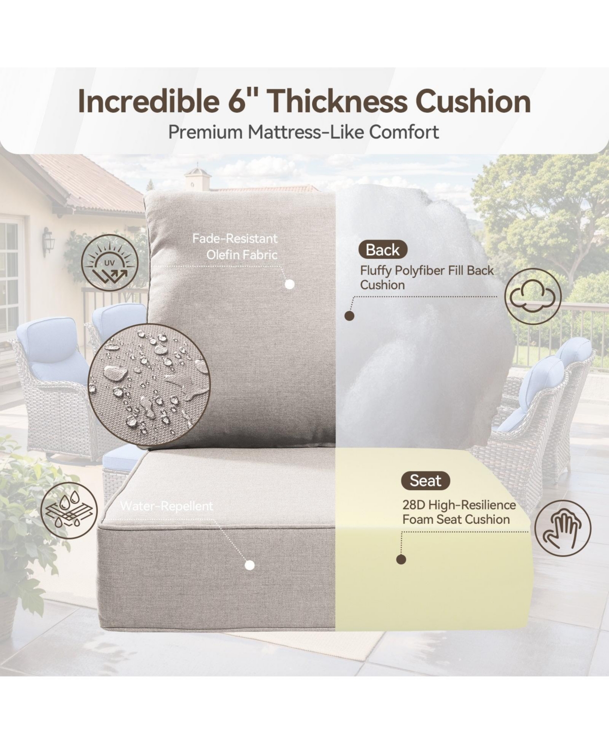 Gymojoy Crescent All-weather Pe Wicker Fire Pit Conversation Set with Olefin 6 Inch Thick Cushions Patio Swivel Chairs (5-Piece)