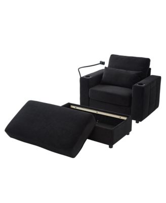 Modern Armchair Chaise Lounge Sofa with Ottoman, USB Ports & Cup Holders - Black