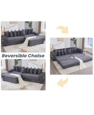 Corduroy L-Shaped Sectional Sofa with Ottoman, Pillows & Cup Holders