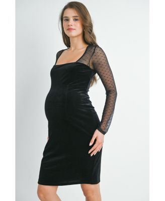 Maternity Sheer Long Sleeve Square Neck Veltvet Dress