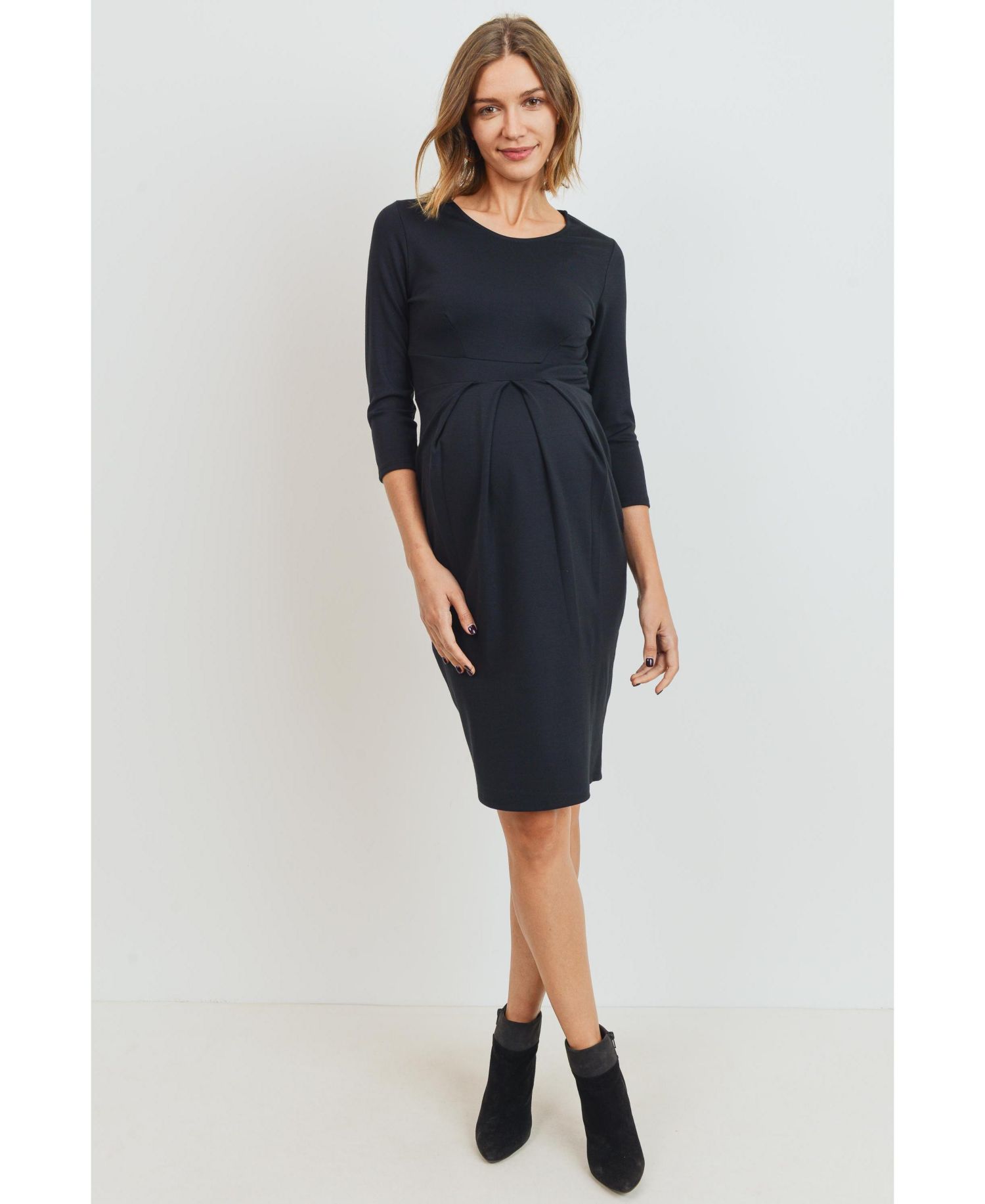 Women's 3/4 Sleeve Round Neck Front Pleat Dress