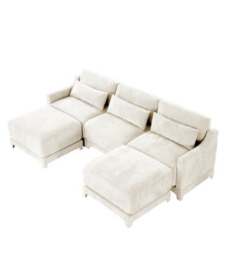 Beige Chenille 3-Seater Sofa with Ottomans