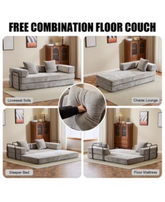 Convertible Floor Sofa Bed with Pillow & Armrest - Light Grey