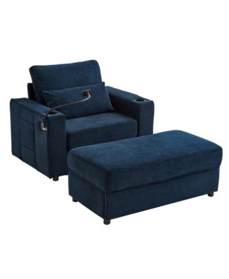 Modern Armchair Chaise Lounge Sofa w/ Ottoman, USB Ports, Cup & Phone Holders - Blue