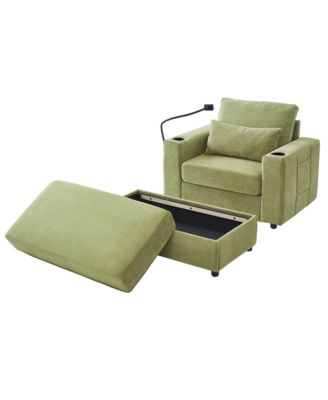 Modern Green Armchair with Ottoman, USB Ports & Cup Holders