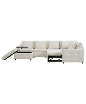 Modular Sectional Sofa Bed- Flip Table, Lamp, Ports, Ottoman, Tufted, 6 Pillows