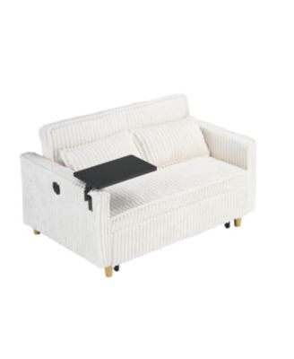  Beige Corduroy Pull-Out Sofa w/ Movable Tabletop & USB