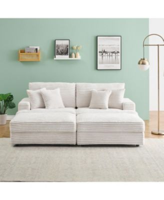 White Corduroy Sofa w/ Storage Legs & Pillows