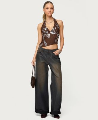 Women's Sequin Asymmetric Mesh Halter Top