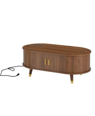  42.5" Oval Fluted Coffee Table with Charging Station, Sliding Door