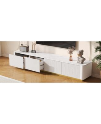 Luxury Fluted TV Stand - Faux Marble Top, 4 Drawers, Gold Base, White