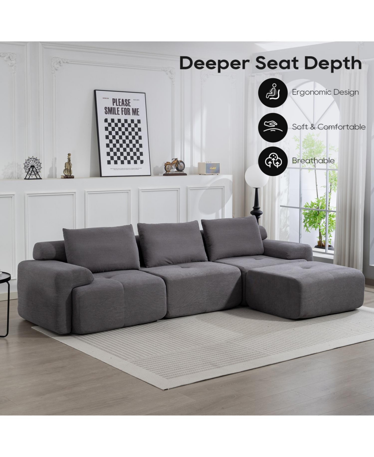 Streamdale Furniture L-Shaped Corduroy Sectional Sofa Bed - Memory Foam, Steel Frame