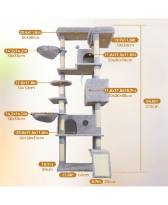 84.6 Light Gray Cat Tree Wide Base 3 Condos 11 Sisal Posts Ladder 2 Hammocks Interactive Toy