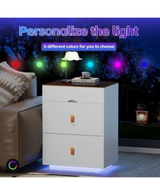 3-Drawer LED Nightstand, Glass Top, Faux Leather Handles