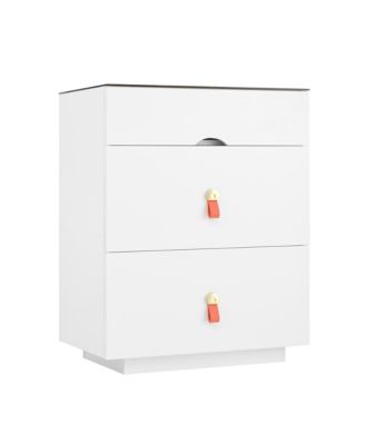 3-Drawer LED Nightstand, Glass Top, Faux Leather Handles