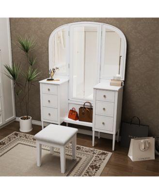 Antique White Vanity Set with Triple Mirror & Stool