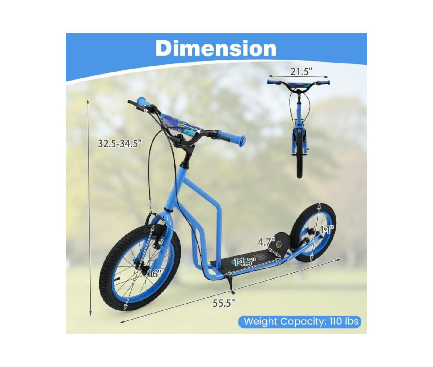 Детская игрушка HONGGE Youth Kick Scooter with Adjustable Handlebar and Inflatable Tires, 110 lbs Capacity, Ages 8+, цвет: Синий — фото 3