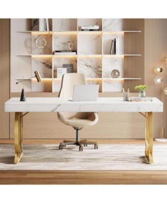 63-Inch Executive Desk, Modern Office Computer Desk with Faux Marble Tabletop
