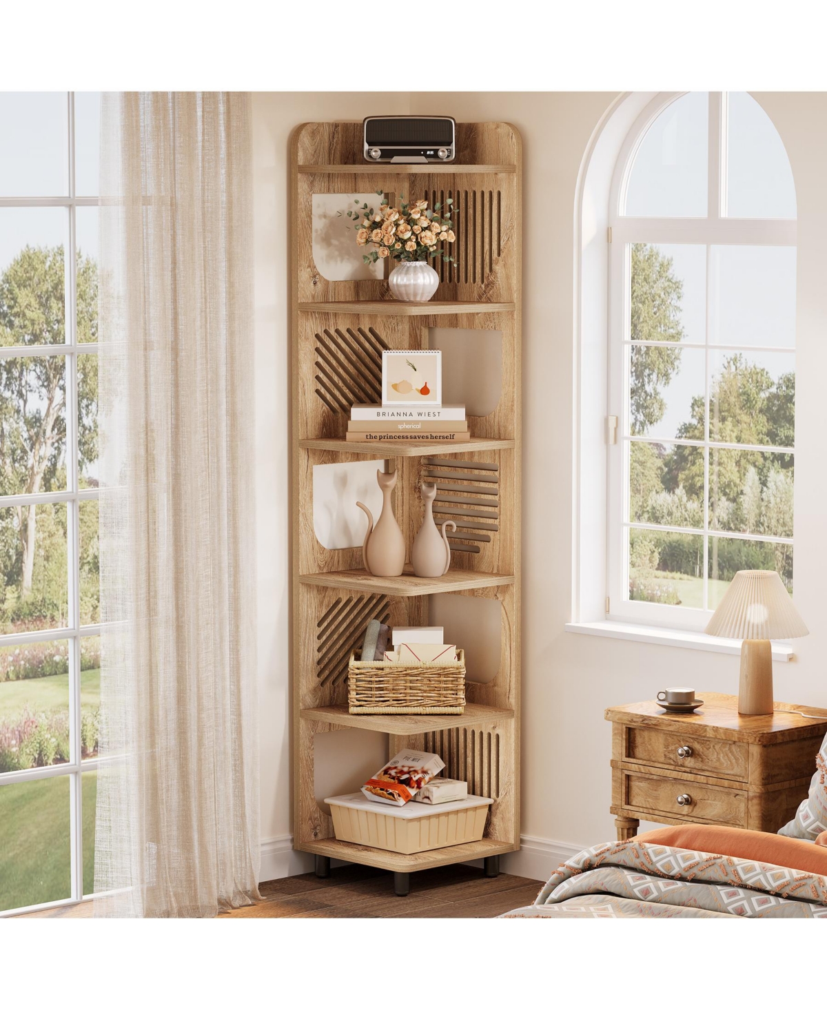 Tribesigns 6-Tier Corner Shelf Stand, 71-Inch Rustic Tall Corner Bookshelf, Narrow Corner Bookcase, Corner Plant Stand Display Shelf Organizer - Natur