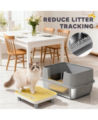 Sleek Gray Stainless Steel Litter Box with High Sides & Scoop – Elevate Your Home with Refined Odor Control