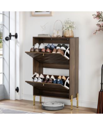 23.6" Walnut Shoe Cabinet, Mid-Century Modern Organizer