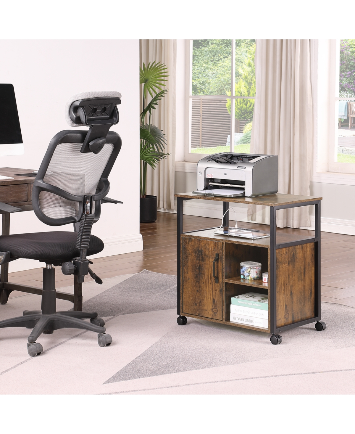 Streamdale Furniture File Cabinet with Charging, Printer Stand, Metal Frame, Rustic Brown