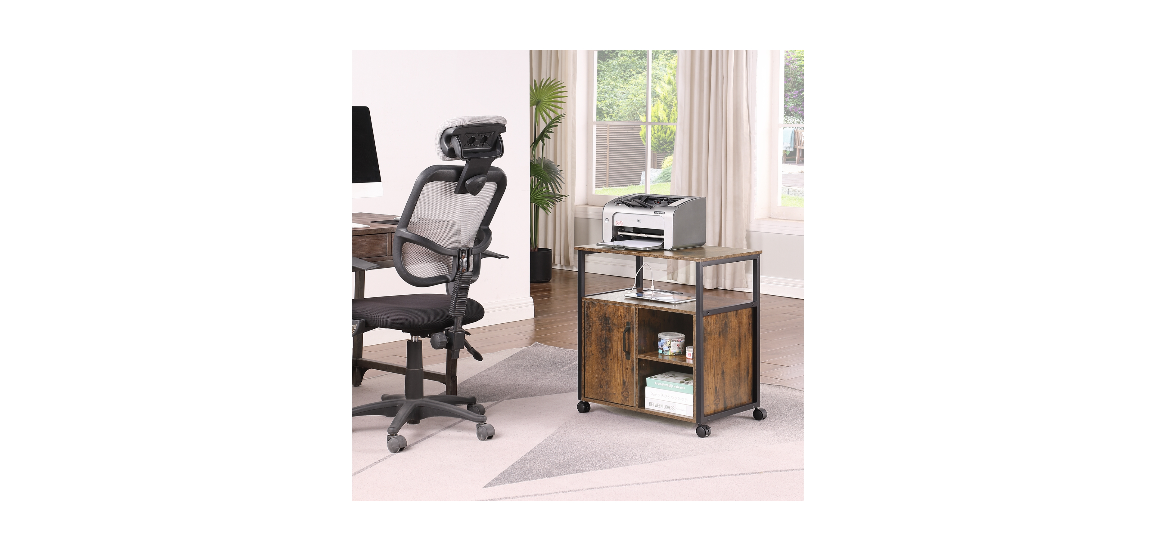Streamdale Furniture File Cabinet with Charging, Printer Stand, Metal Frame, Rustic Brown