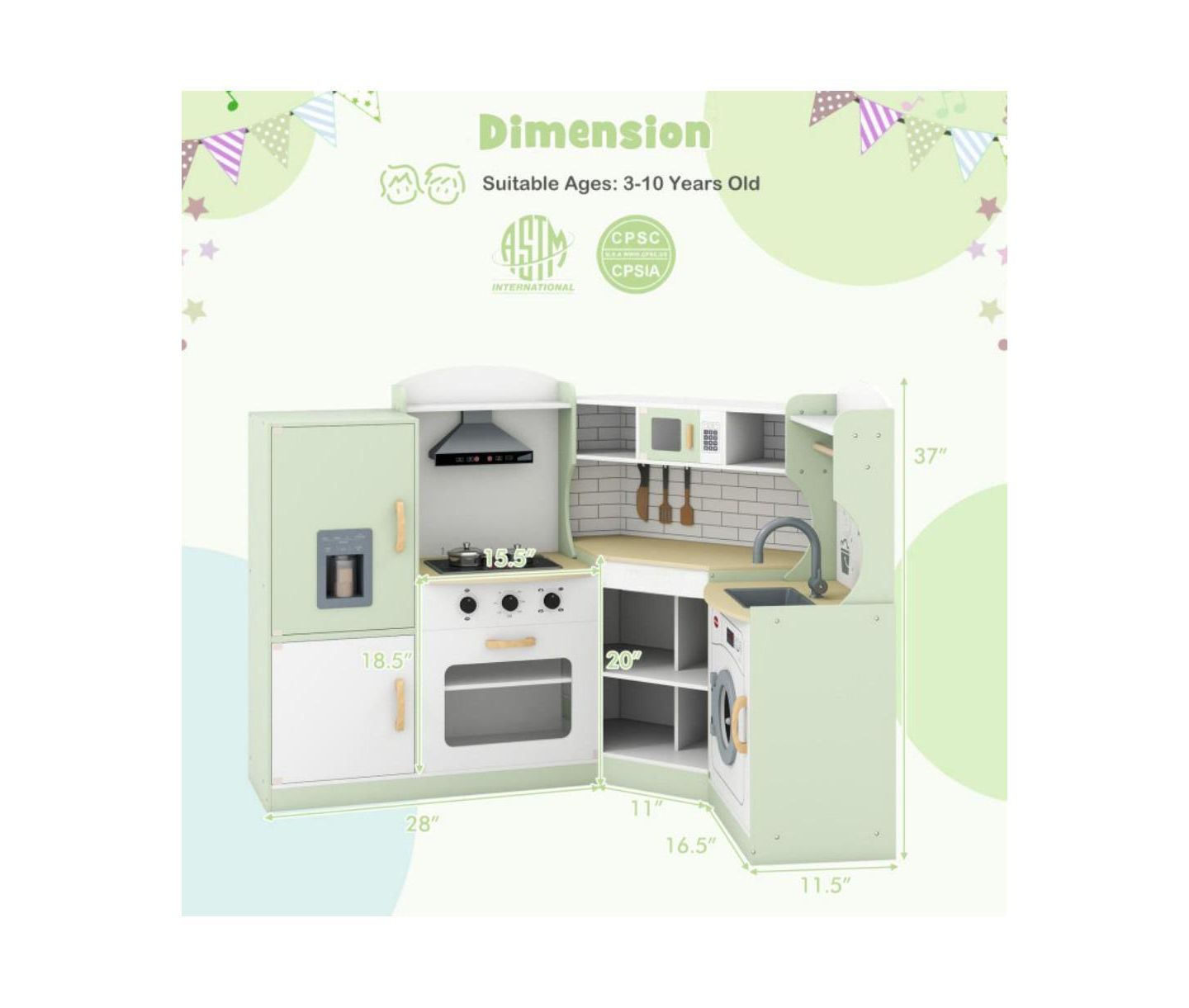 Детская игрушка HONGGE Corner Play Kitchen with Washer and Ice Maker, Ages 3+, цвет: Зелёный — фото 3