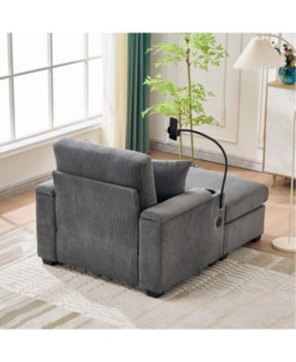 Oversized Corduroy Chaise Lounge Chair with Ottoman, Storage & USB - Grey