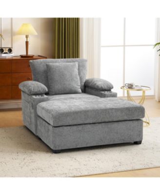 Oversized Chenille Chair with Ottoman USB & Cupholders