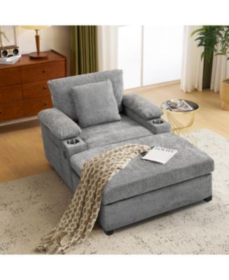 Oversized Chenille Chair with Ottoman USB & Cupholders