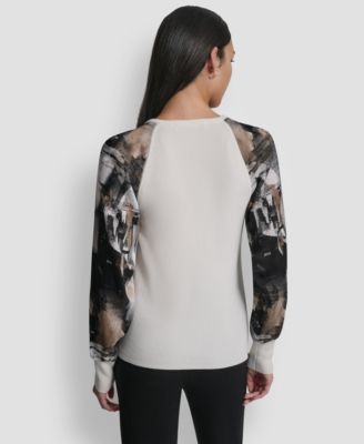 Women's Printed Organza-Sleeve V-Neck Shirt