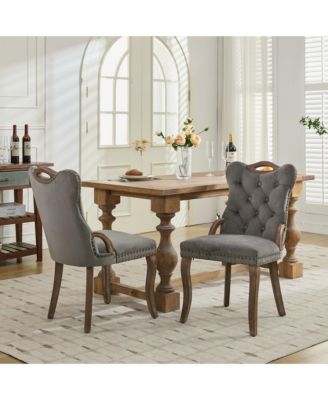  Velvet Tufted Dining Chairs, Wood Handles & Legs, Copper Nails, Set of 2, Gray