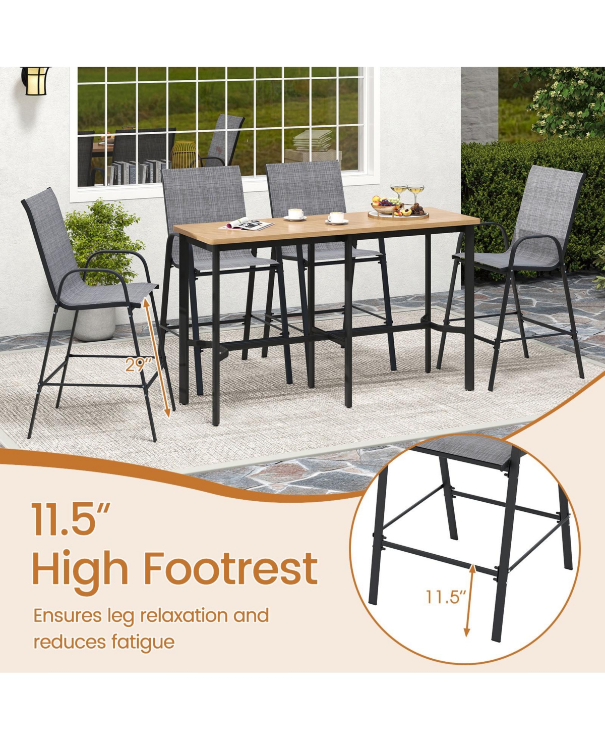 Gymax 4PCS Outdoor Bar Stools 29'' Fabric Height w/ Armrests & Footrest