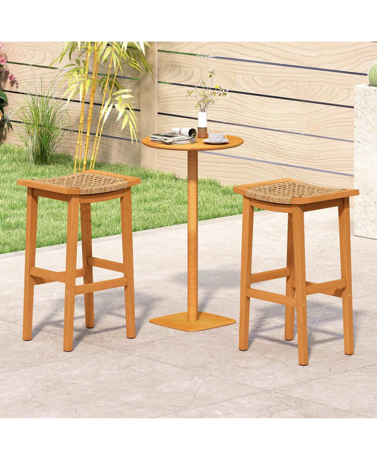 Gymax Outdoor Acacia Wood Bar Stools Set of 4 w/ Pe Rattan Seats & Backrests
